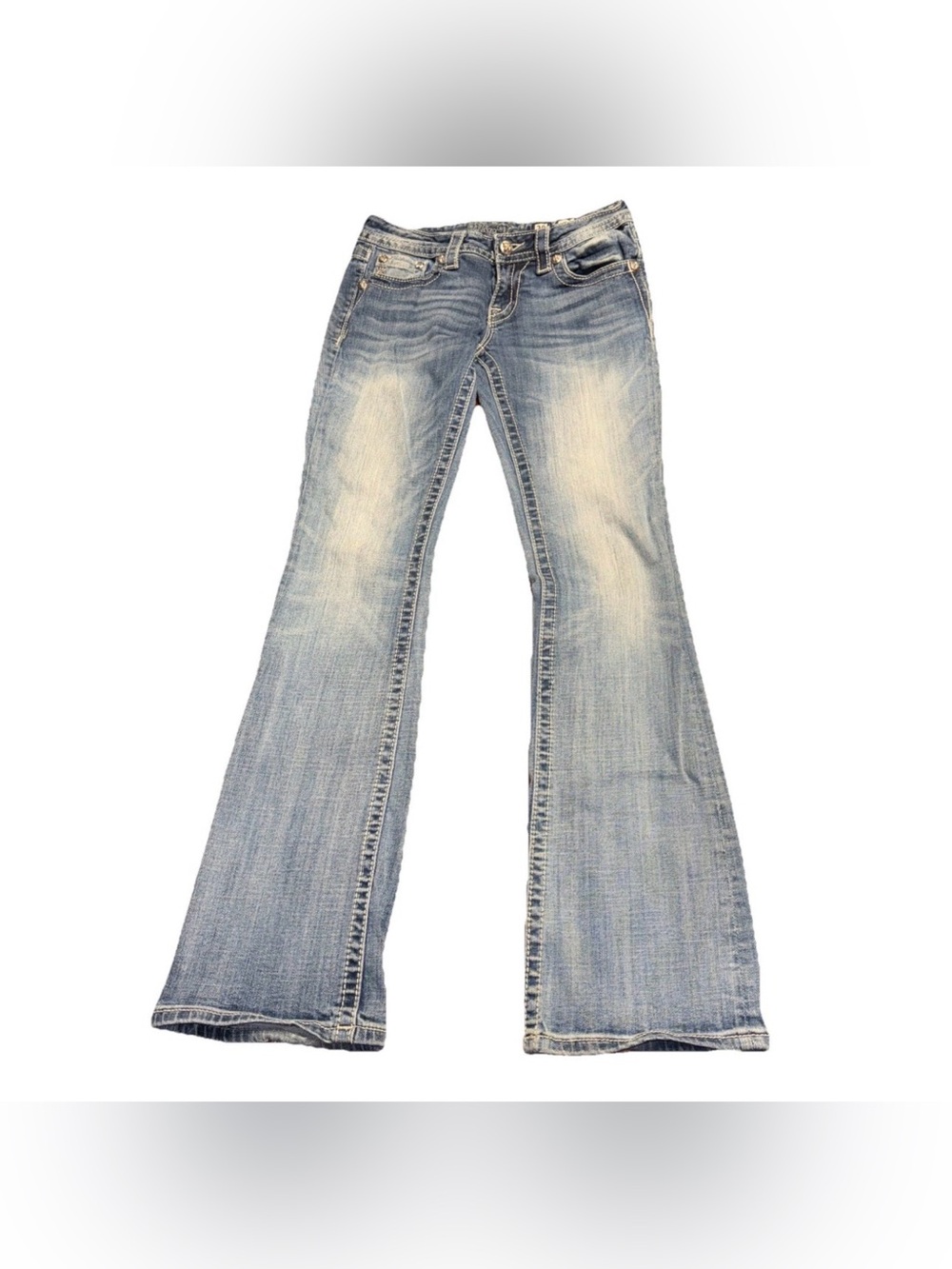Miss Me Denim Blue Jeans Light Wash Size 28 Signature Boot Rhinestone Pockets